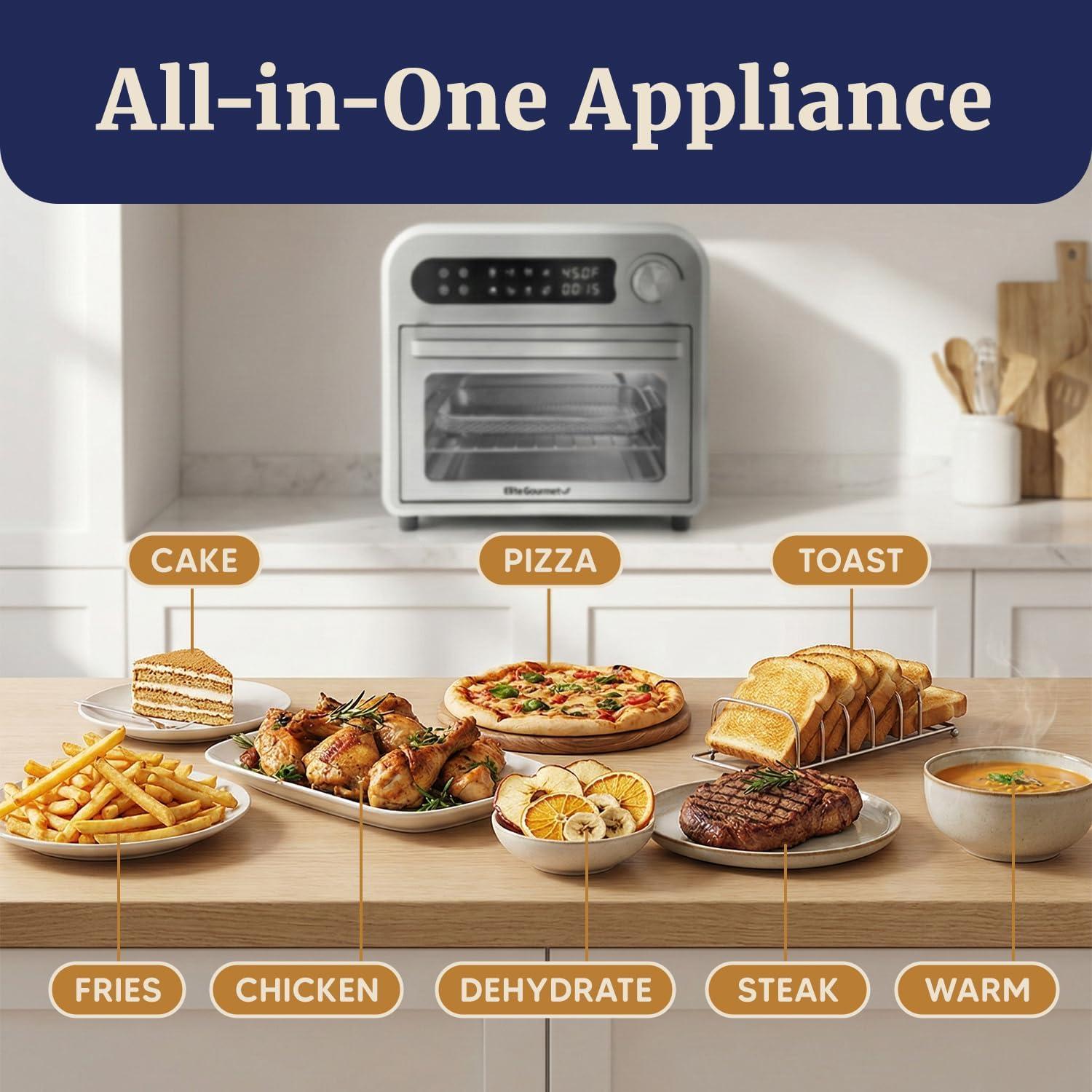 imageElite Gourmet EAF1010D Programmable 10L Air Fryer Convection Countertop Oven 8 Menu Settings Temperature Timer Controls Bake Toast Broil Air Fry 1500W with Recipes Steel Exterior