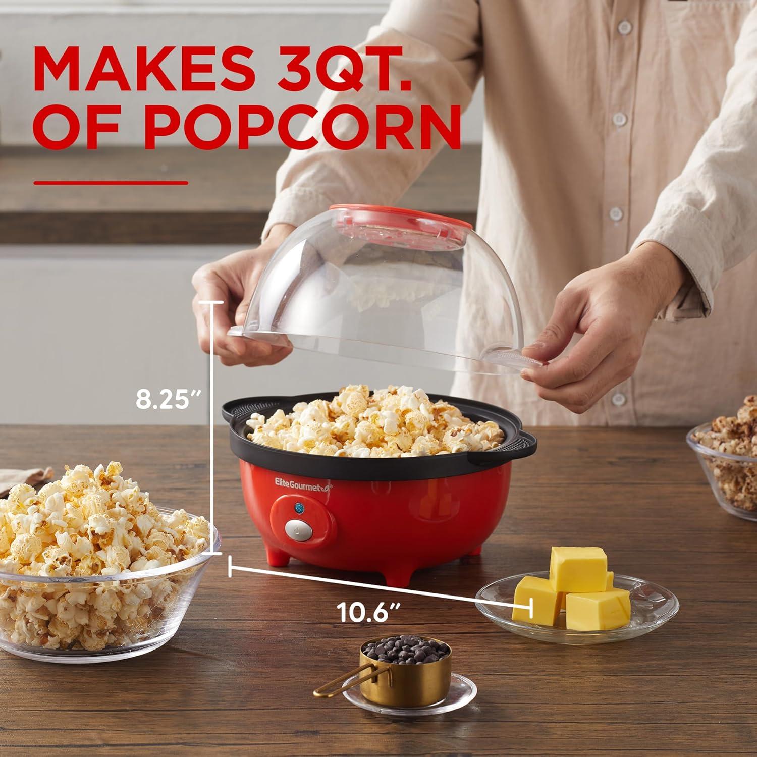 imageElite Gourmet EPM330R Automatic Stirring 12cup Popcorn Maker Popper Hot Oil Popcorn Machine wMeasuring Cap amp Builtin Reversible Serving Bowl Great for Home Party Kids Safety ETL Approved RedRed