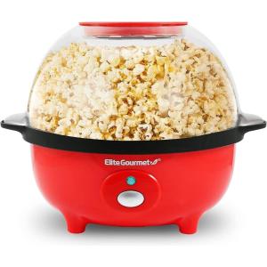 Elite Gourmet EPM330R Automatic Stirring 12-cup Popcorn Maker Popper, Hot Oil Popcorn Machine w/Measuring Cap & Built-in Reversible Serving Bowl, Great for Home Party Kids, Safety ETL Approved, Red(Red)