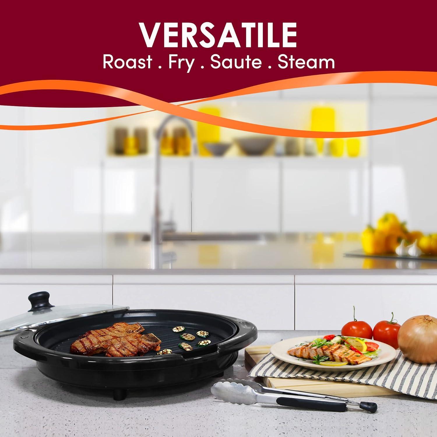 imageElite Gourmet EMG6505G Smokeless Indoor Electric BBQ Grill with Glass Lid Dishwasher Safe Nonstick Adjustable Temperature Fast Heat Up LowFat Meals Easy to Clean Design Stainless SteelGranite