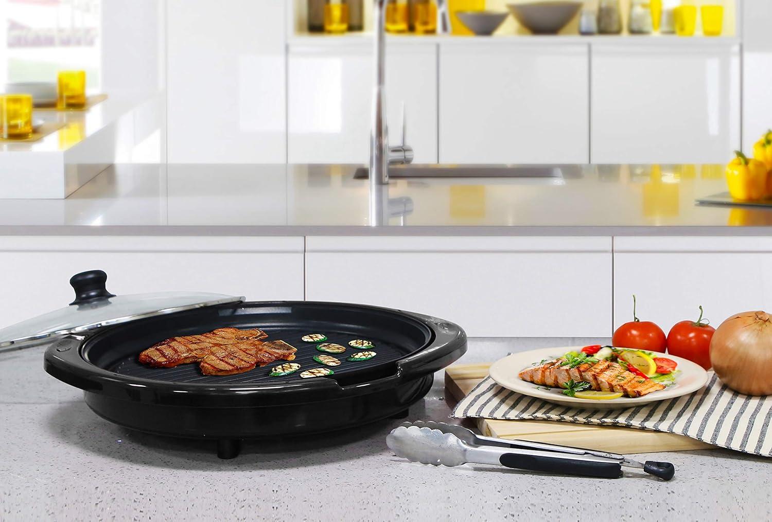 imageElite Gourmet EMG6505G Smokeless Indoor Electric BBQ Grill with Glass Lid Dishwasher Safe Nonstick Adjustable Temperature Fast Heat Up LowFat Meals Easy to Clean Design Stainless SteelBlack