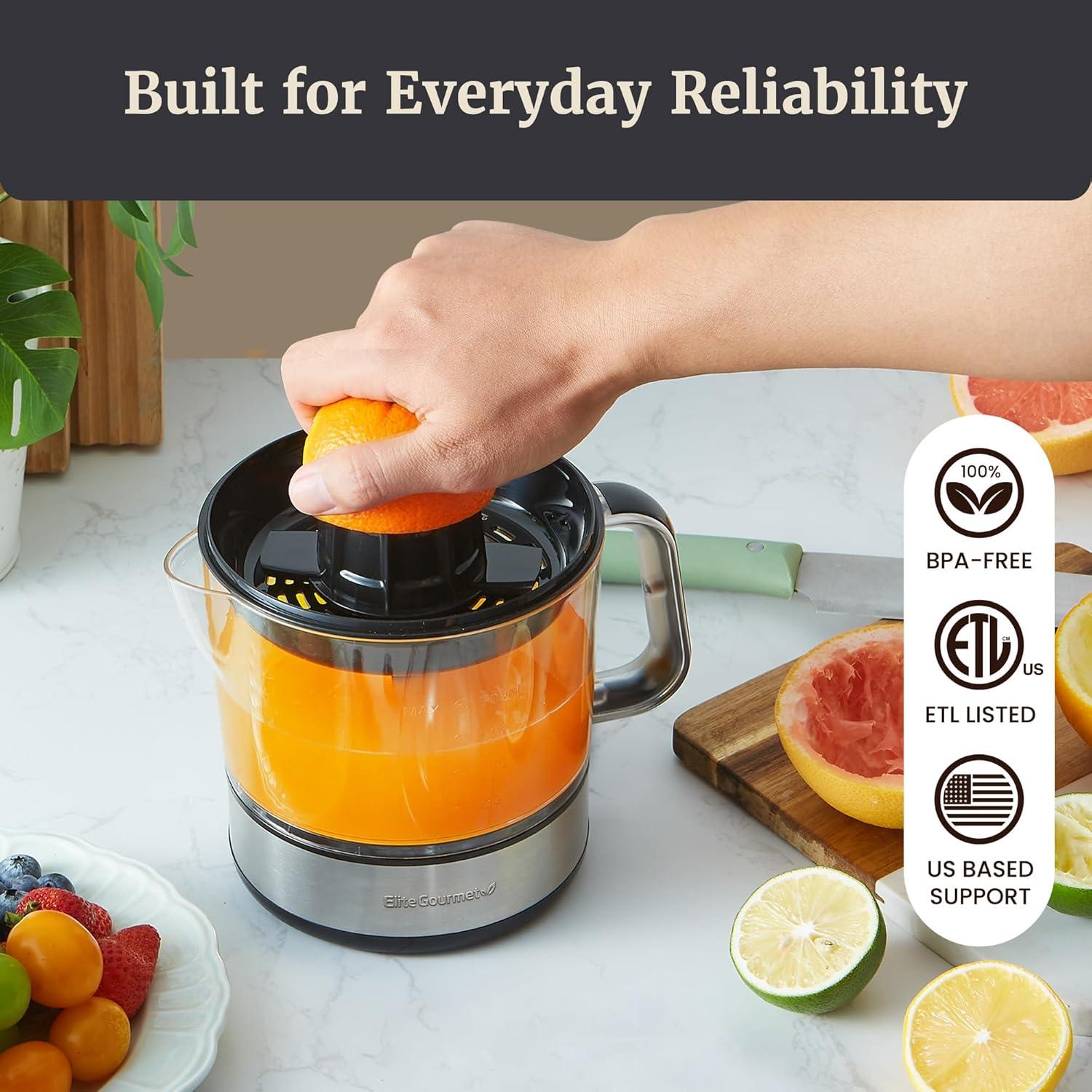 imageElite Gourmet ETS623 BPAFree 40Watt Electric Citrus Juicer Compact Large Volume Pulp Control Oranges Lemons Limes Grapefruits with Easy Pour Spout 24oz BlackStainless Steel