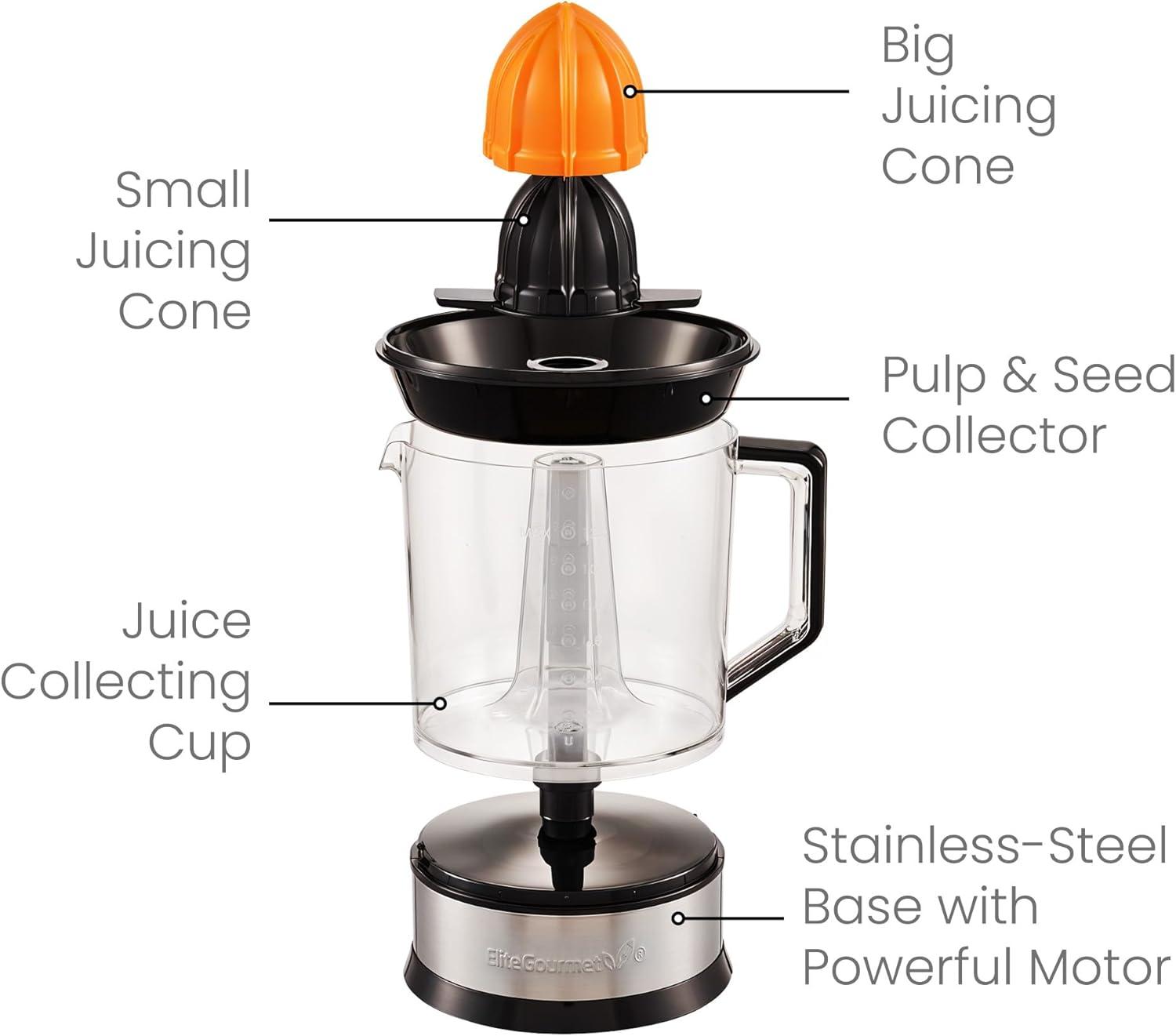 imageElite Gourmet ETS740 BPAFree 40Watt Electric Citrus Juicer with 2 Cones Compact Large Volume Pulp Control Oranges Lemons Limes Grapefruits with Easy Pour Spout 12L BlackStainless Steel40 ounce