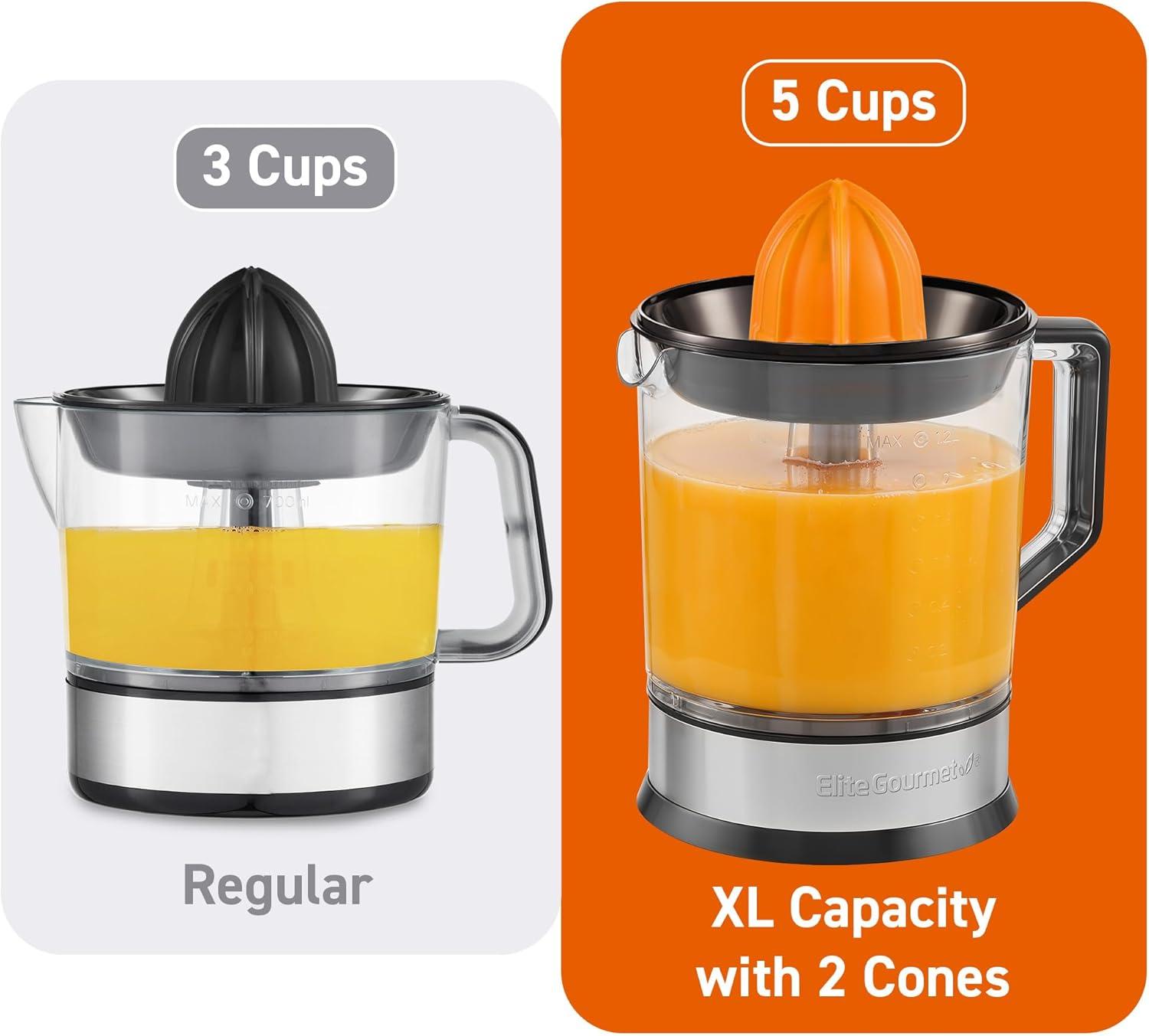 imageElite Gourmet ETS740 BPAFree 40Watt Electric Citrus Juicer with 2 Cones Compact Large Volume Pulp Control Oranges Lemons Limes Grapefruits with Easy Pour Spout 12L BlackStainless Steel40 ounce