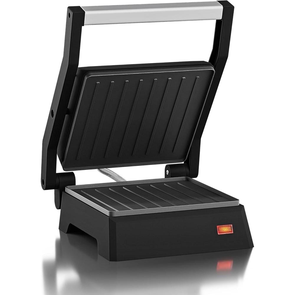 imageElite Gourmet EPN160 55 x 53 Multifunctional Compact Electric Panini Press Contact Grill 180 Flat Grill Lightweight Floating Topplate Cooltouch Handle NonStick Surface Black55 x 53