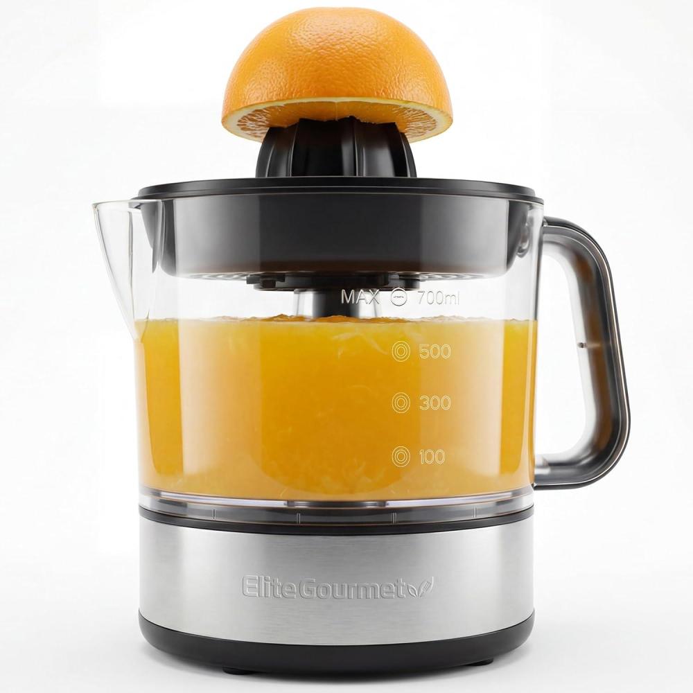 imageElite Gourmet ETS623 BPAFree 40Watt Electric Citrus Juicer Compact Large Volume Pulp Control Oranges Lemons Limes Grapefruits with Easy Pour Spout 24oz BlackStainless Steel