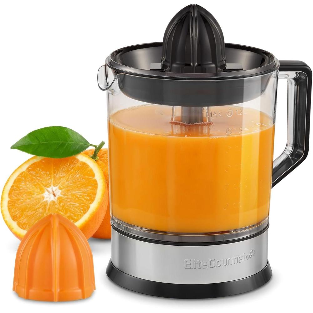 imageElite Gourmet ETS740 BPAFree 40Watt Electric Citrus Juicer with 2 Cones Compact Large Volume Pulp Control Oranges Lemons Limes Grapefruits with Easy Pour Spout 12L BlackStainless Steel40 ounce