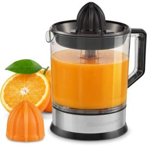 Elite Gourmet ETS740 BPA-Free 40-Watt Electric Citrus Juicer with 2 Cones, Compact, Large Volume, Pulp Control, Oranges, Lemons, Limes, Grapefruits with Easy Pour Spout, 1.2L, Black/Stainless Steel(40 ounce)