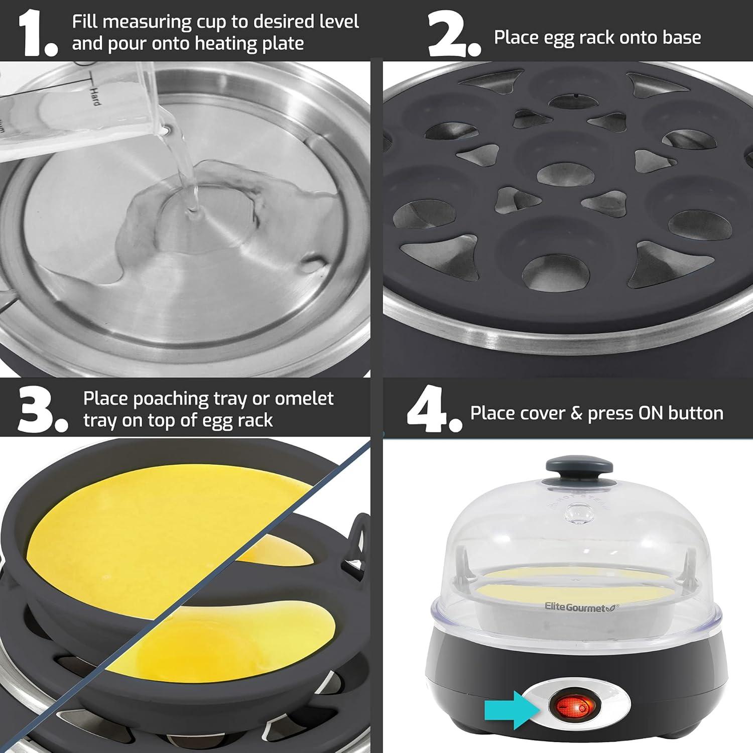 imageElite Gourmet EGC700CW Rapid Egg Cooker 7 EasyToPeel Hard Medium Soft Boiled Eggs Poacher Omelet Maker Auto ShutOff Alarm 16Recipe Booklet BPAFree SnowCharcoal Grey