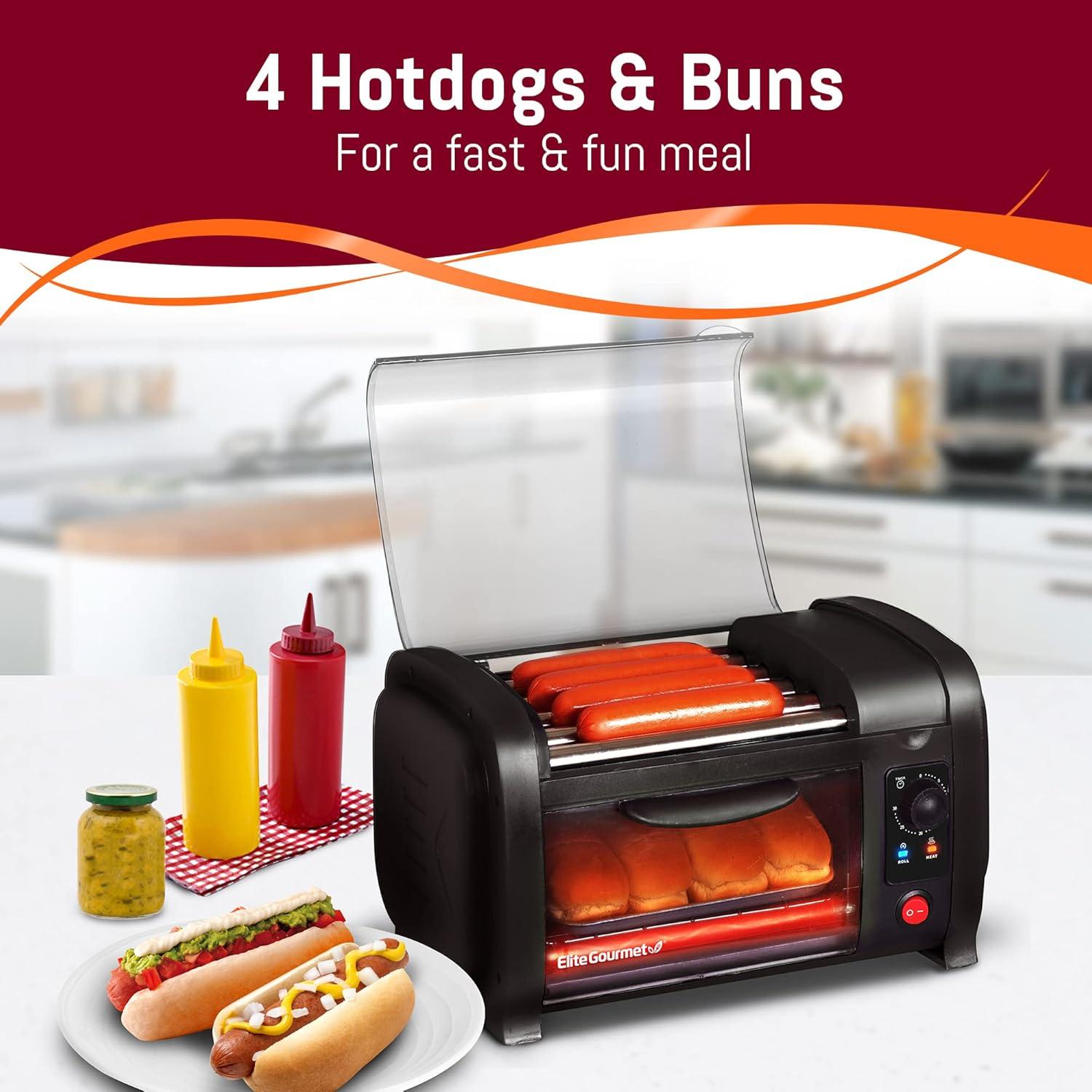 imageElite Gourmet EHD051B Hot Dog Toaster Oven 30Min Timer Stainless Steel Heat Rollers Bake amp Crumb Tray World Series Baseball 4 Bun Capacity Black2021 Model