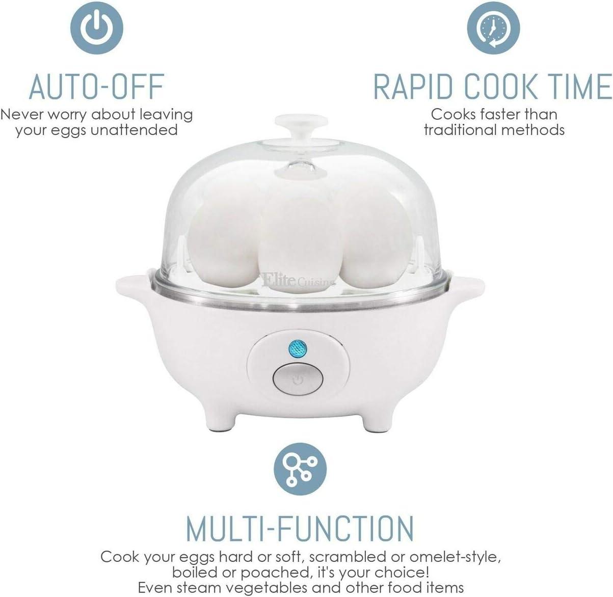 imageElite Gourmet Easy Electric 7 Egg Capacity Cooker Poacher Omelet Maker Scrambled Soft Medium Hard Boiled with Auto ShutOff and Buzzer BPA FreeWhite