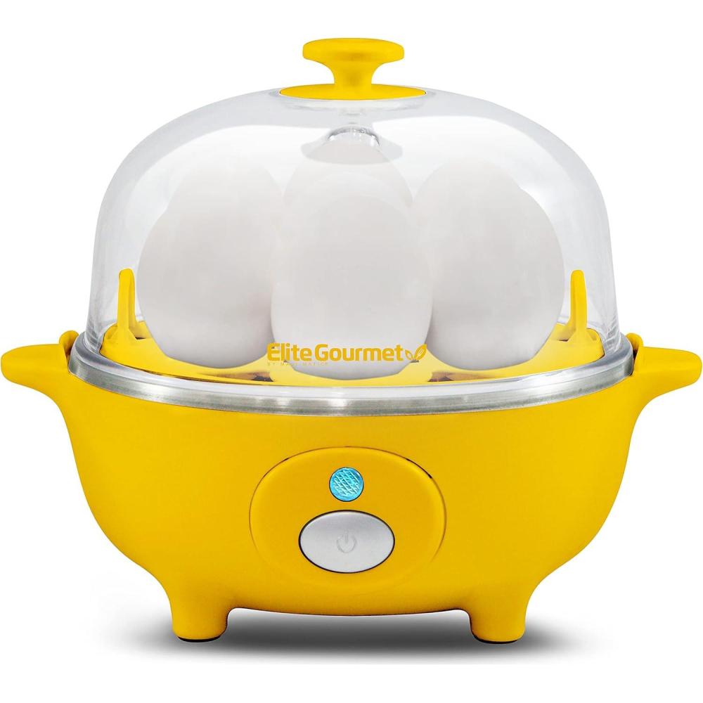 imageElite Gourmet Easy Electric 7 Egg Capacity Cooker Poacher Omelet Maker Scrambled Soft Medium Hard Boiled with Auto ShutOff and Buzzer BPA FreeYellow