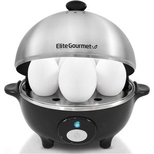 Elite Gourmet EGC-508 Rapid Egg Cooker, 7 Easy-To-Peel, Hard, Medium, Soft Boiled Eggs, Poacher, Omelet Maker, Auto Shut-Off, Alarm, 16-Recipe Booklet, Stainless Steel(Stainless Steel)