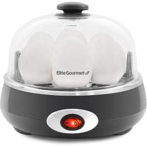 Elite Gourmet EGC700CW# Rapid Egg Cooker, 7 Easy-To-Peel, Hard, Medium, Soft Boiled Eggs, Poacher, Omelet Maker, Auto Shut-Off, Alarm, 16-Recipe Booklet, BPA-Free, Snow(Charcoal Grey)