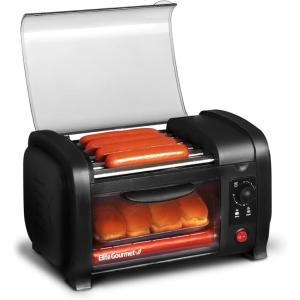 Elite Gourmet EHD-051B Hot Dog Toaster Oven, 30-Min Timer, Stainless Steel Heat Rollers Bake & Crumb Tray, World Series Baseball, 4 Bun Capacity, Black(2021 Model)