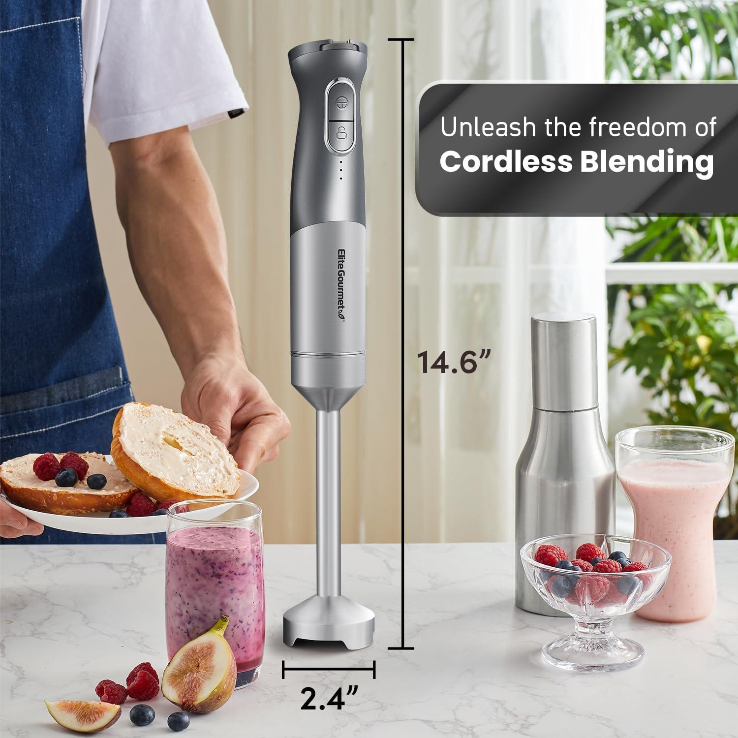 imageElite Gourmet EHB1015 Immersion Hand Blender 500 Watts 2 Speed Mixing with Stainless Steel Blades Detachable Wand Stick Mixer Smoothies Baby Food Soup BlackGrey