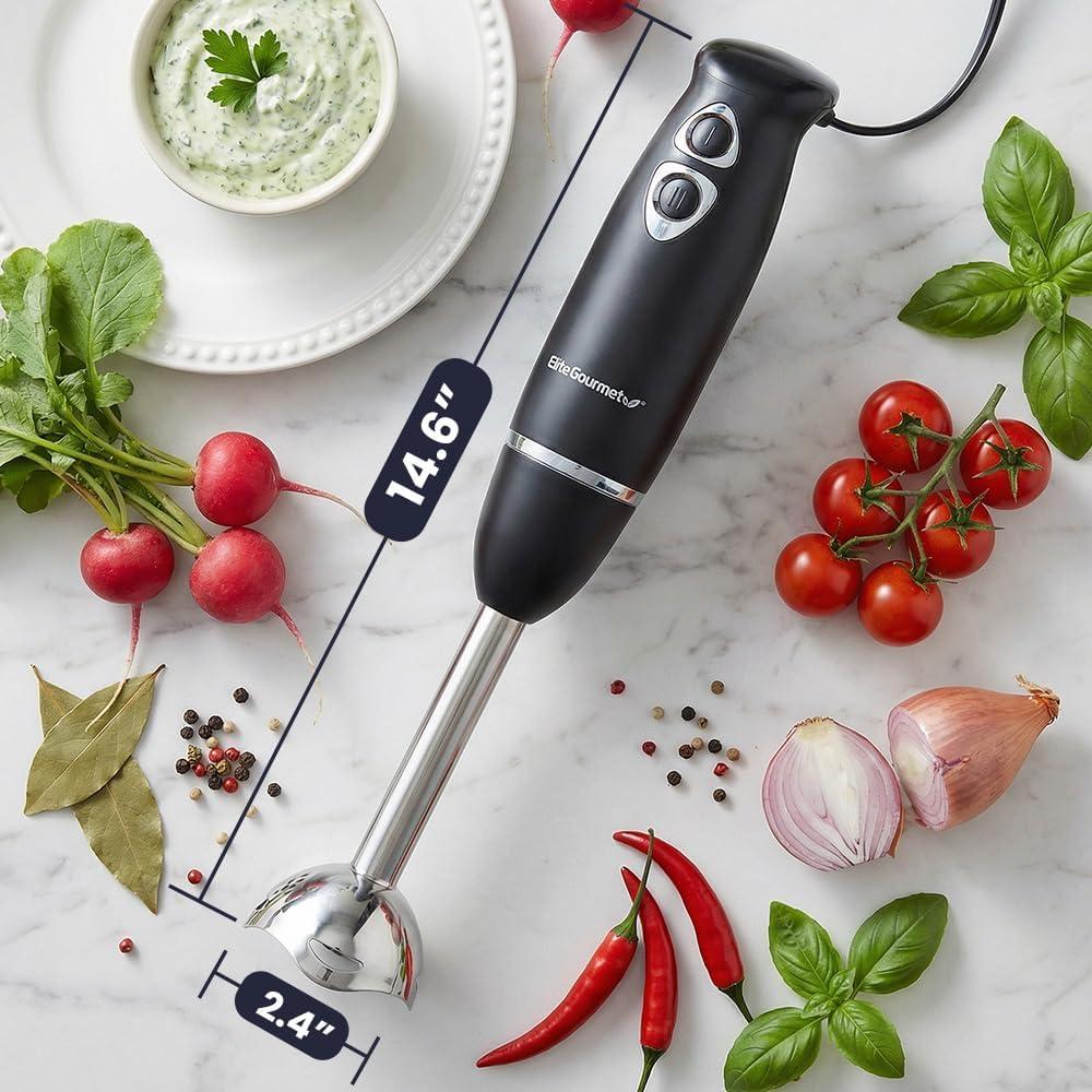imageElite Gourmet EHB1015 Immersion Hand Blender 500 Watts 2 Speed Mixing with Stainless Steel Blades Detachable Wand Stick Mixer Smoothies Baby Food Soup BlackBlackStainless Steel