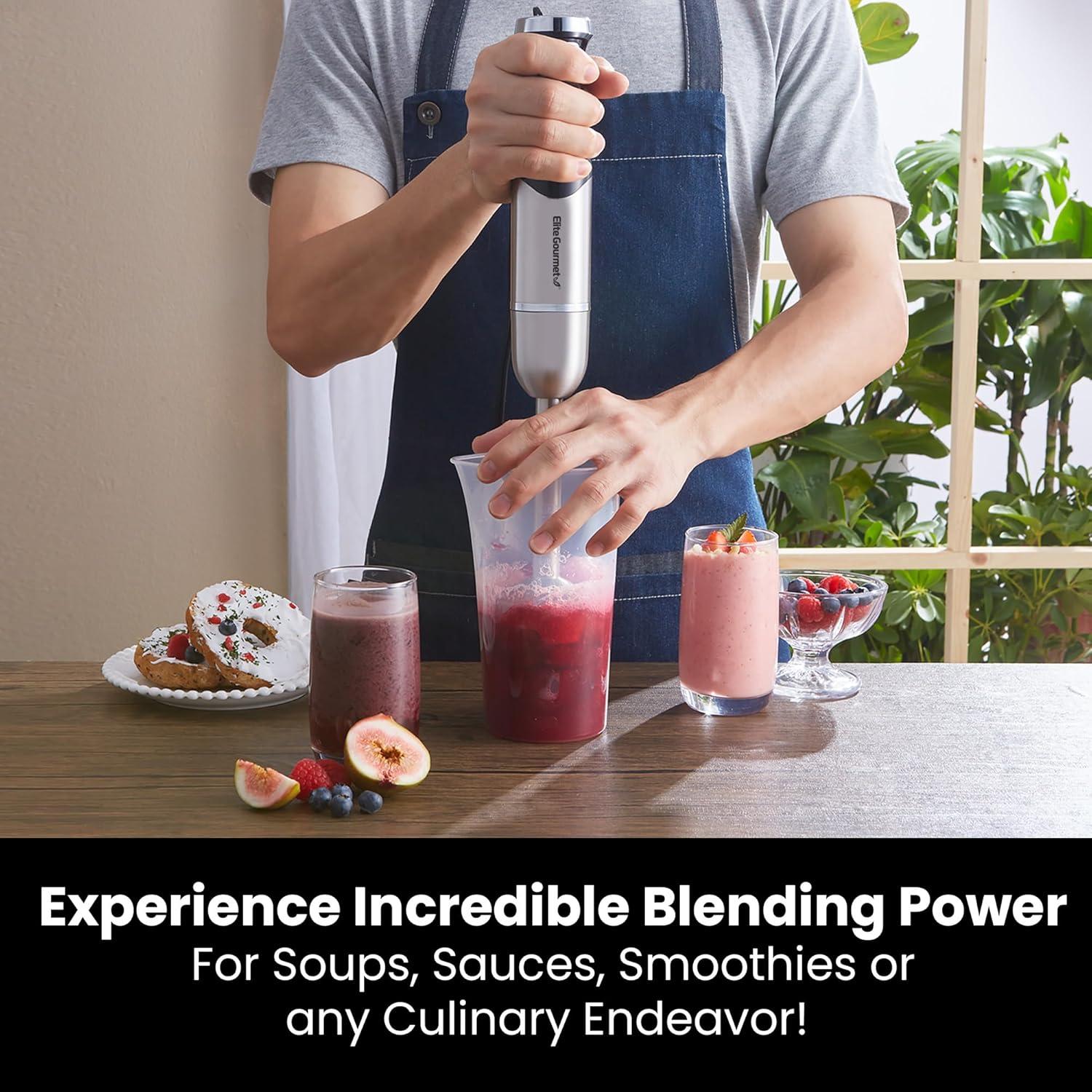 imageElite Gourmet EHB1023 Immersion Hand Blender 300 Watts 2 Speed Mixing with Detachable Blades Detachable Wand Stick Mixer Smoothies Baby Food Soup BlackStainless Steel Black