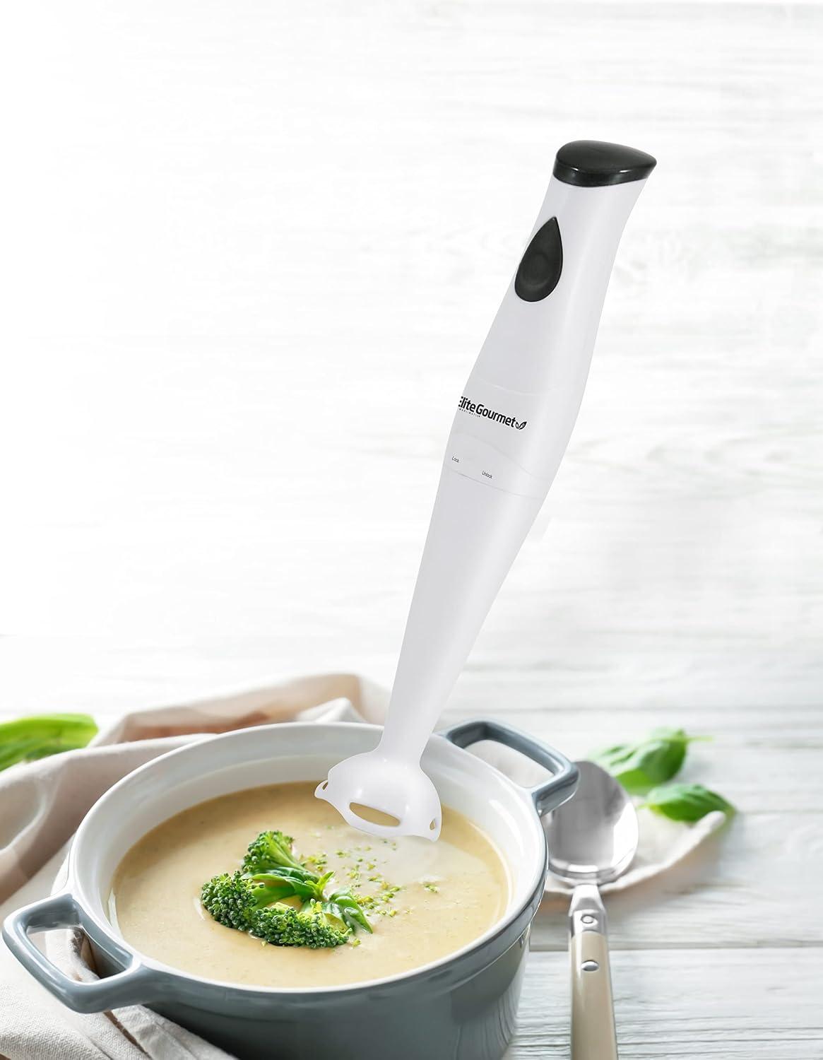imageElite Gourmet EHB1023 Immersion Hand Blender 300 Watts 2 Speed Mixing with Detachable Blades Detachable Wand Stick Mixer Smoothies Baby Food Soup BlackWhite