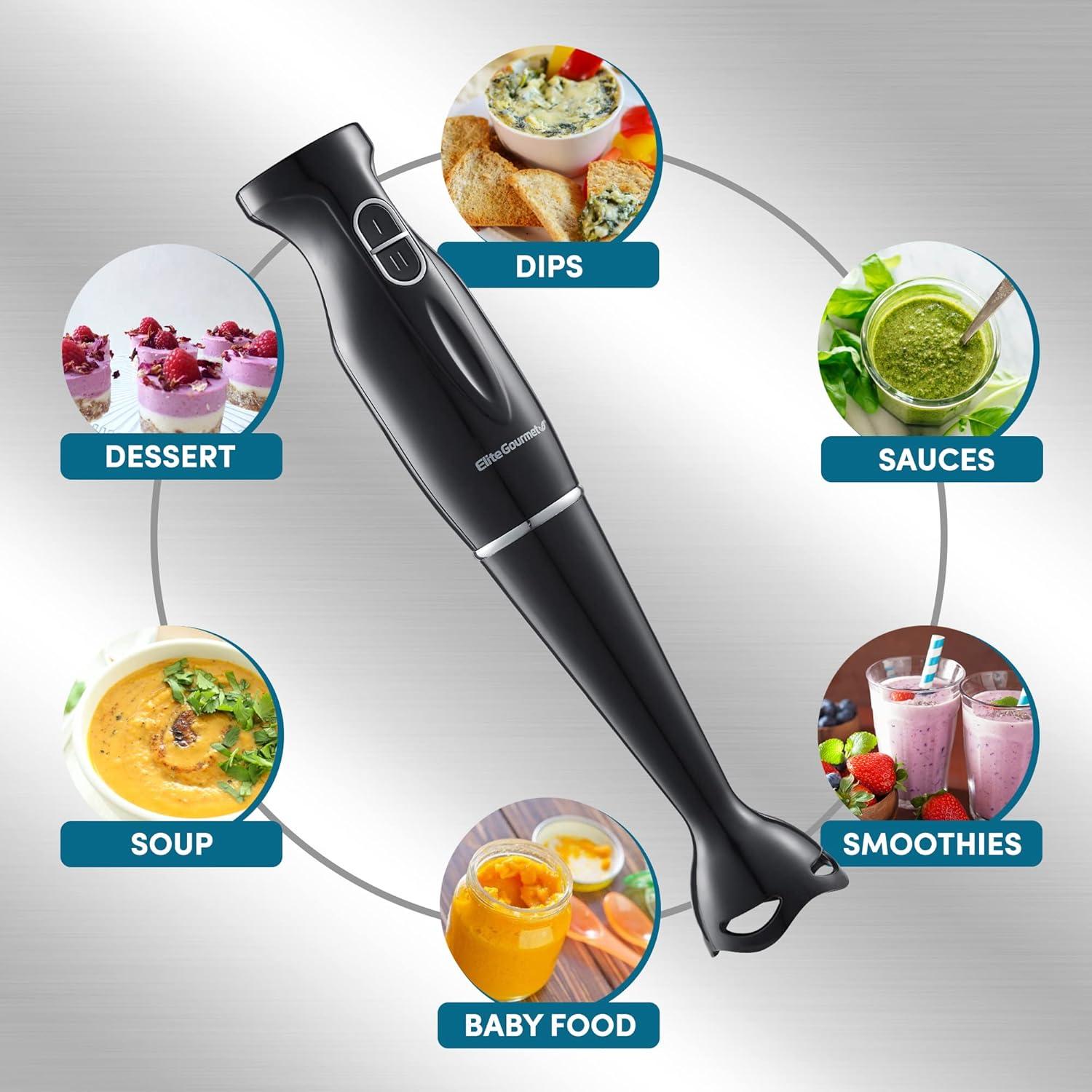 imageElite Gourmet EHB1023 Immersion Hand Blender 300 Watts 2 Speed Mixing with Detachable Blades Detachable Wand Stick Mixer Smoothies Baby Food Soup BlackBlack