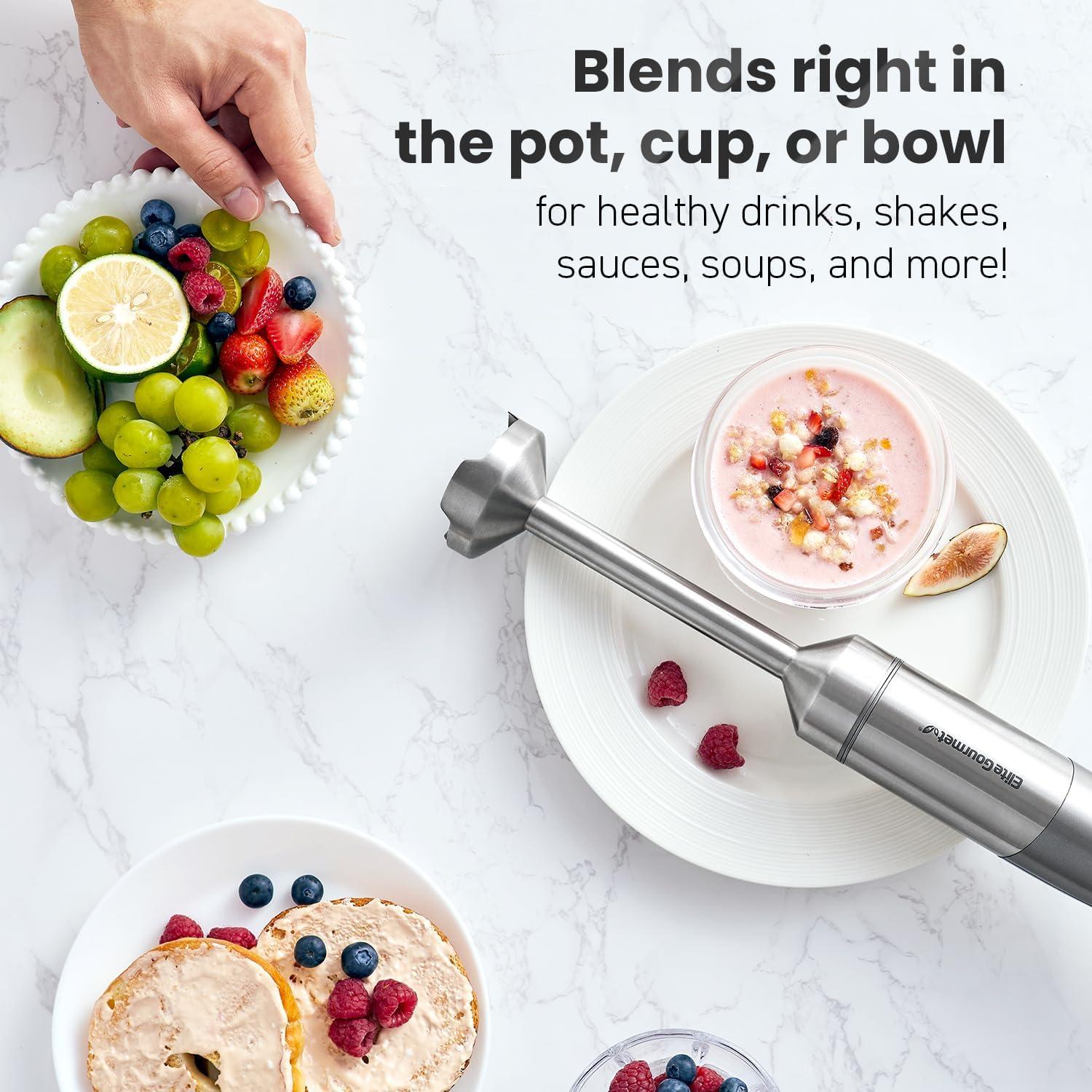 imageElite Gourmet EHB1324 Cordless Rechargeable Hand Blender Variable 5Speed Blending OneTouch Power Button amp Safety Lock Stainless Steel Blades Portable Sauces Soup Smoothies Baby Food GrayGranite