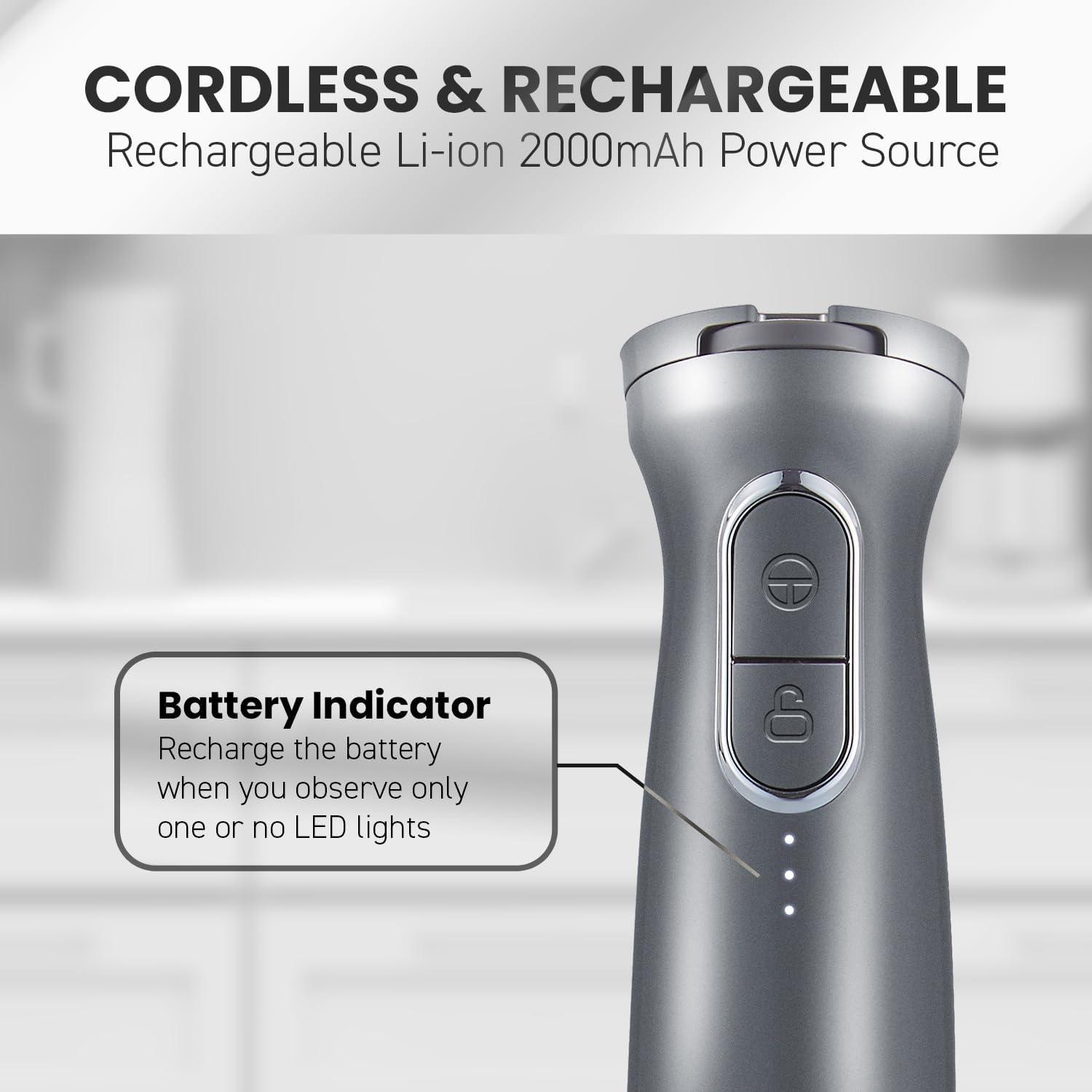 imageElite Gourmet EHB1324 Cordless Rechargeable Hand Blender Variable 5Speed Blending OneTouch Power Button amp Safety Lock Stainless Steel Blades Portable Sauces Soup Smoothies Baby Food GrayGranite