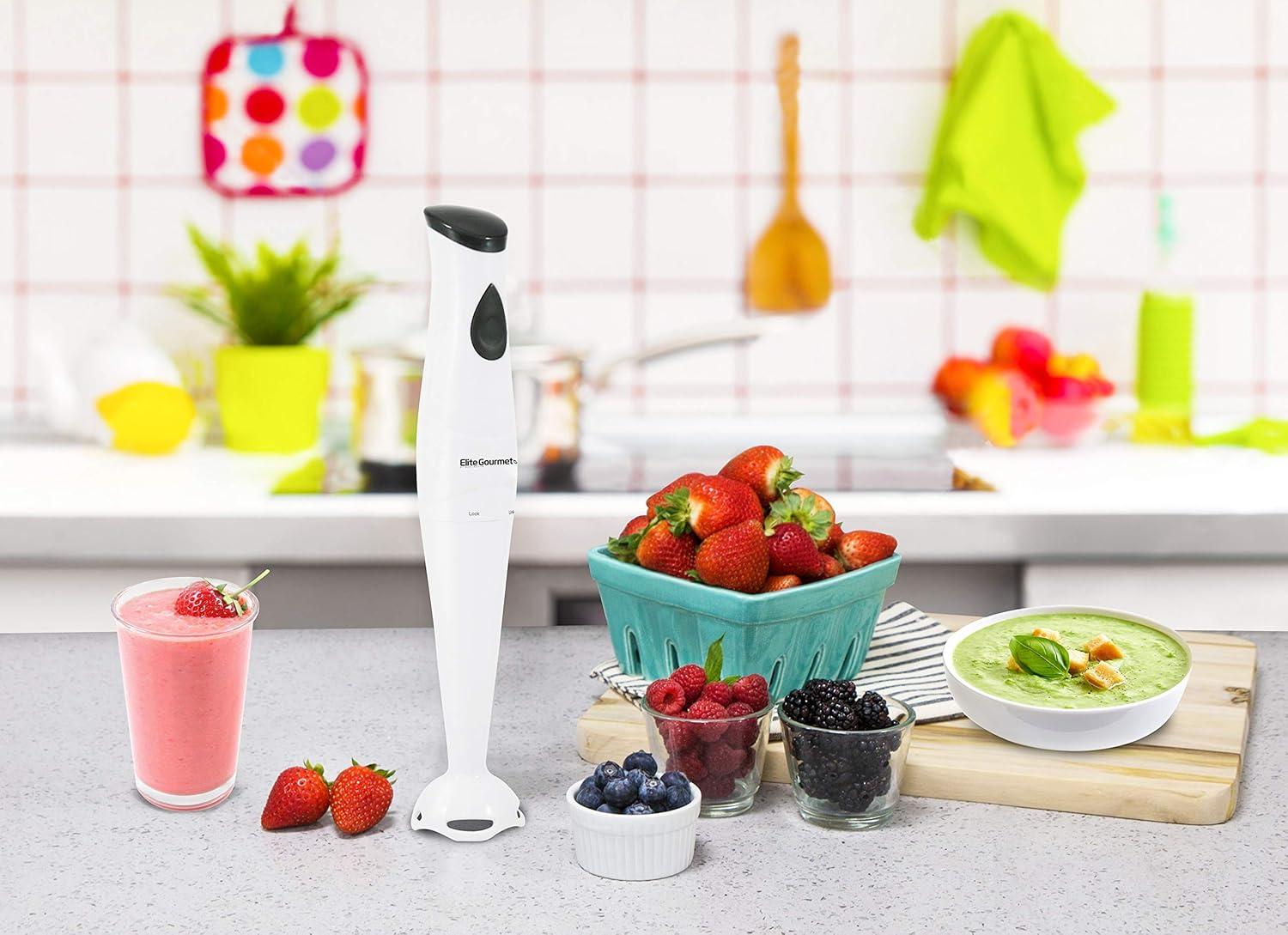imageElite Gourmet EHB2425B Electric Immersion Mixer Chopper 1Touch Control Hand Blender 150 Watts BlackWhite