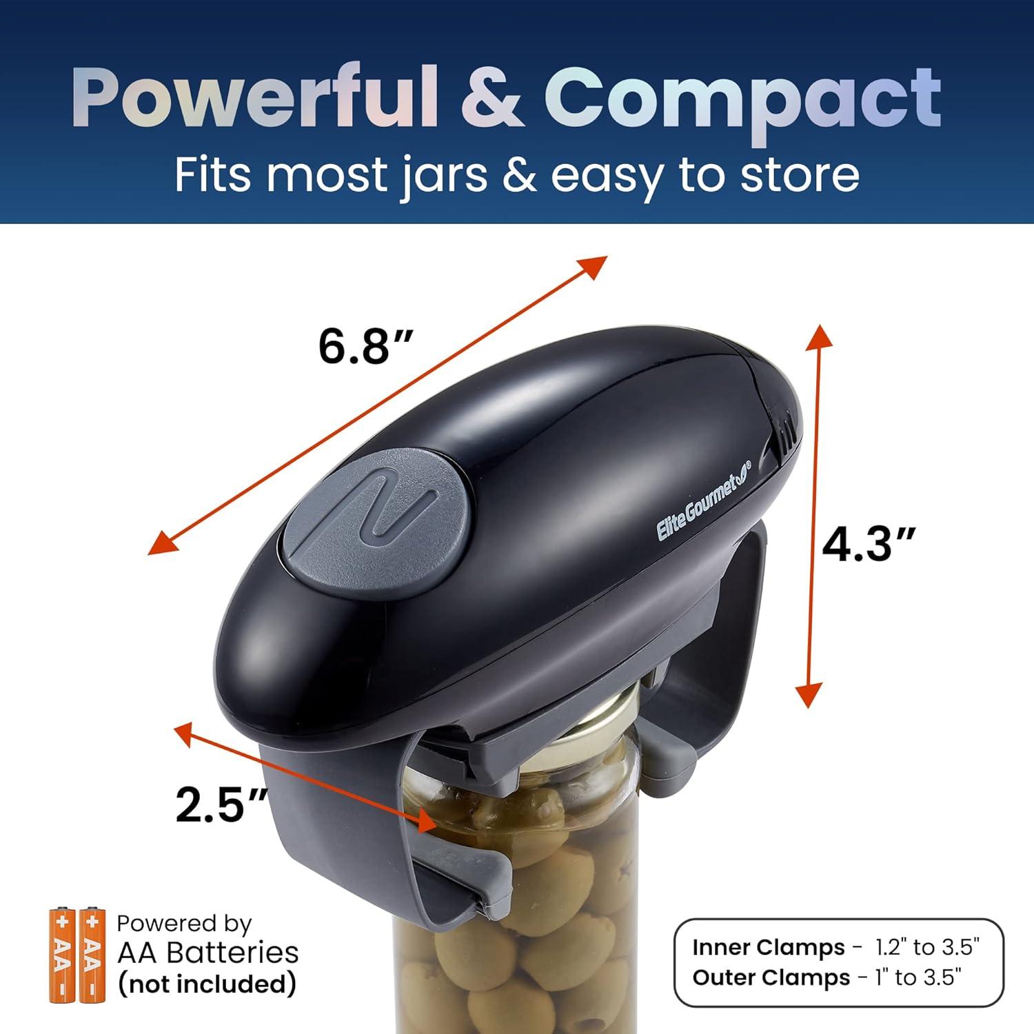 imageElite Gourmet EJO800 High Power Torque Automatic Battery Operated Electric Jar Opener OneTouch Electric Operation Easily Remove MostSize Lids with AutoSize Guides BlackGrayBlackGray