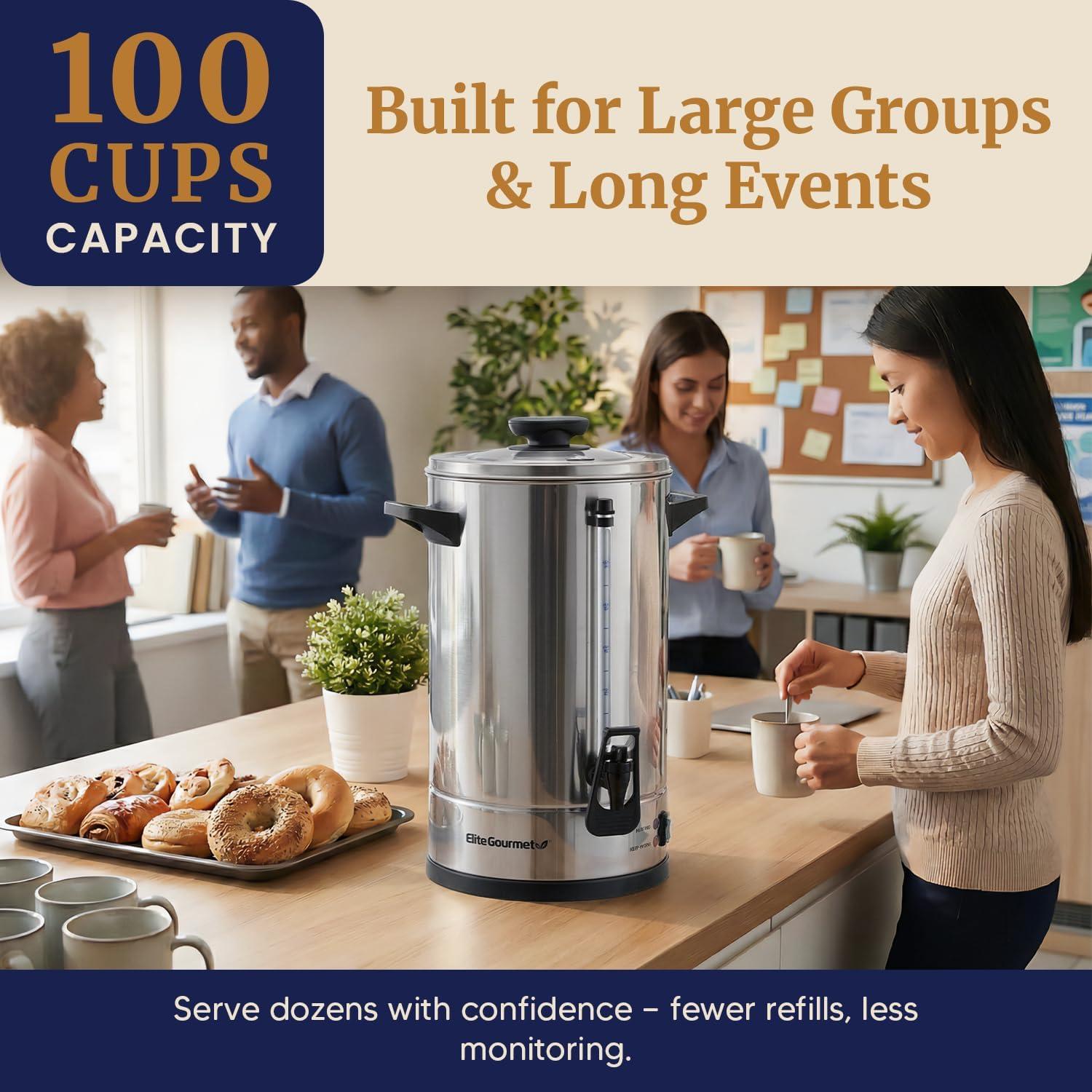 imageElite Gourmet CCM035 MaxiMatic 30 Cup Stainless Steel Coffee Urn Removable Filter For Easy Cleanup Two Way Dispenser with CoolTouch Handles Electric Coffee Maker Urn Stainless Steel100 Cups