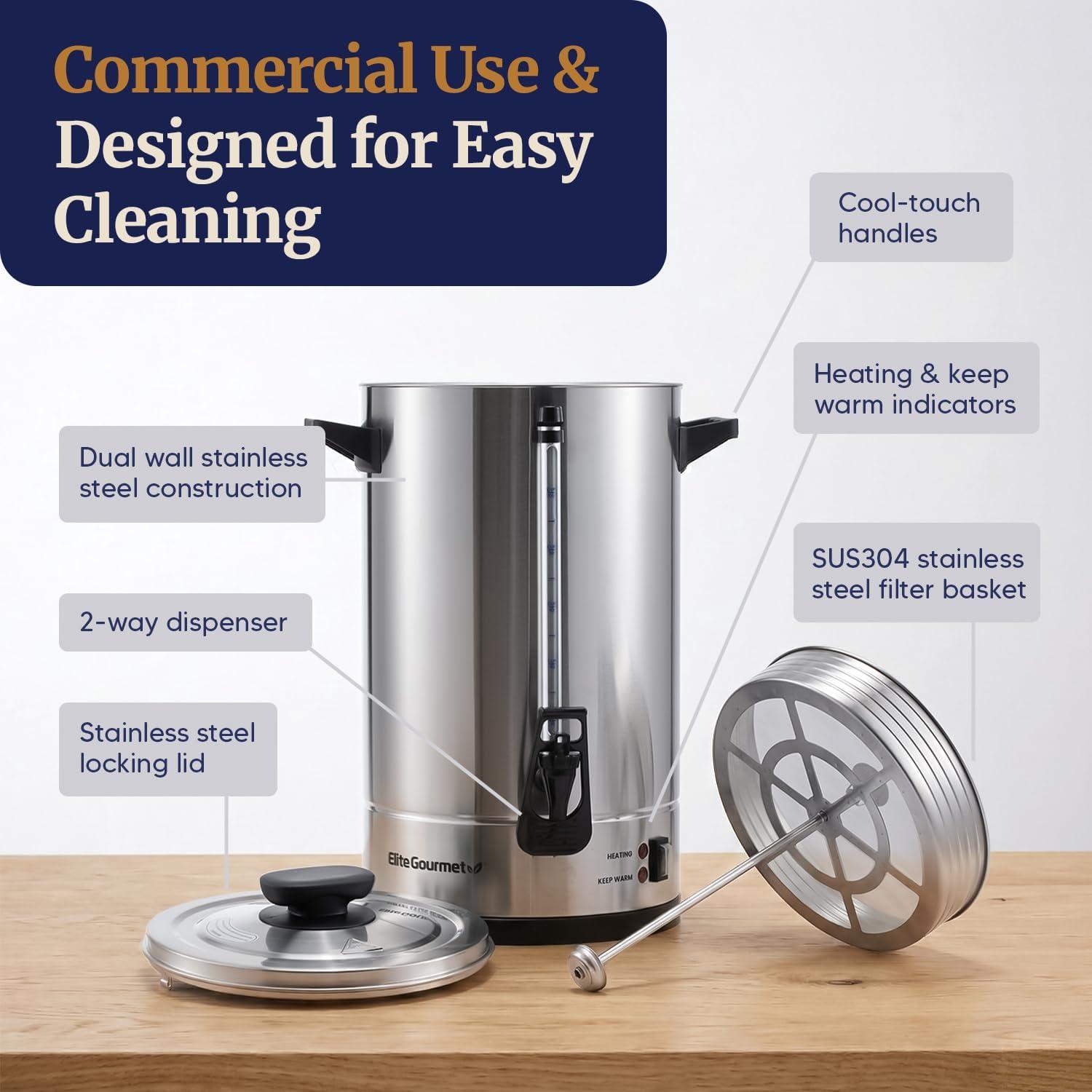 imageElite Gourmet CCM035 MaxiMatic 30 Cup Stainless Steel Coffee Urn Removable Filter For Easy Cleanup Two Way Dispenser with CoolTouch Handles Electric Coffee Maker Urn Stainless Steel100 Cups
