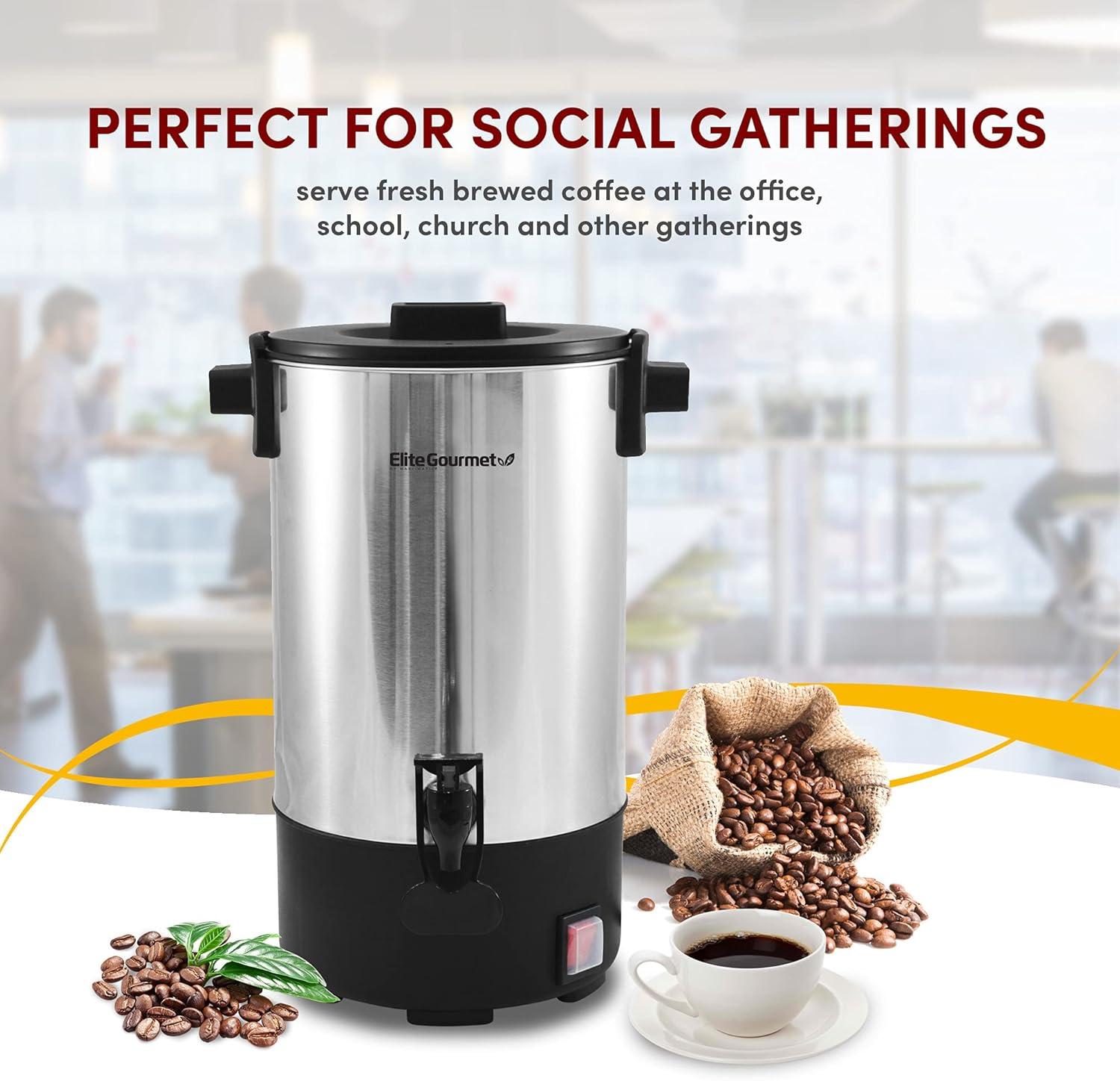 imageElite Gourmet CCM035 MaxiMatic 30 Cup Stainless Steel Coffee Urn Removable Filter For Easy Cleanup Two Way Dispenser with CoolTouch Handles Electric Coffee Maker Urn Stainless Steel30 Cup